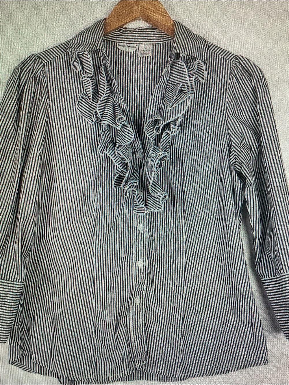 Harve Benard Navy and White Striped Ruffle Front Button-Down Shirt
